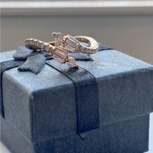 Rose Gold Plated Bypass Wrap Ring Adjustable Art Deco Baguette CZ, Pavé Band